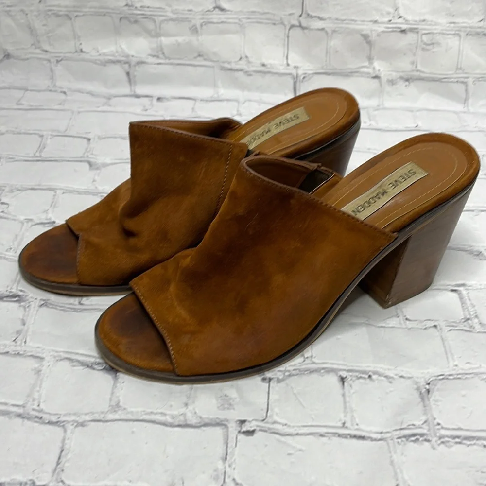 Steve Madden Krizia Size 9 Tan Suede Leather Chunky Heel Open Toe Mule Shoes - Picture 3 of 9